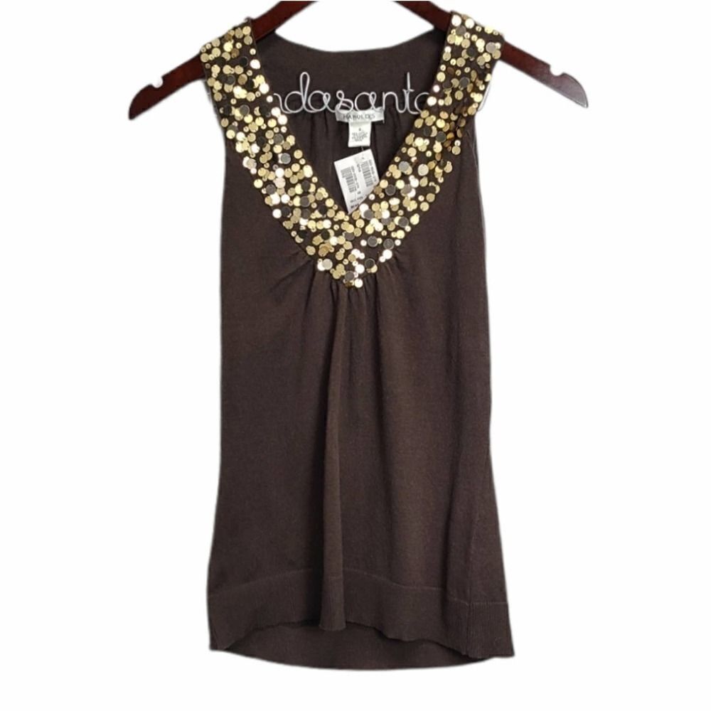 NWT Harold's‎ V-Neck Brown Embroidered Top Size S